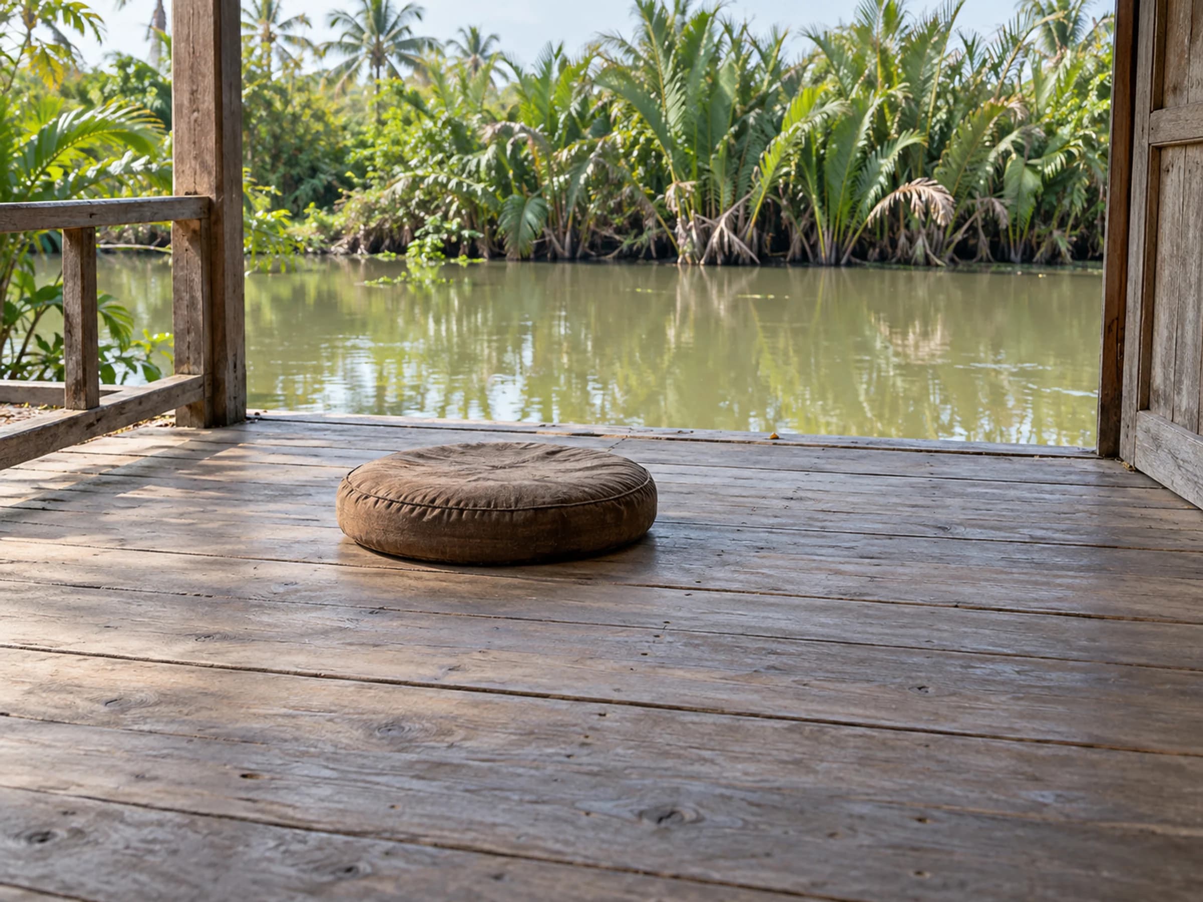 Chiếc bồ đoàn trên hiên nhà gỗ nhìn ra con kênh và rặng dừa nước.
