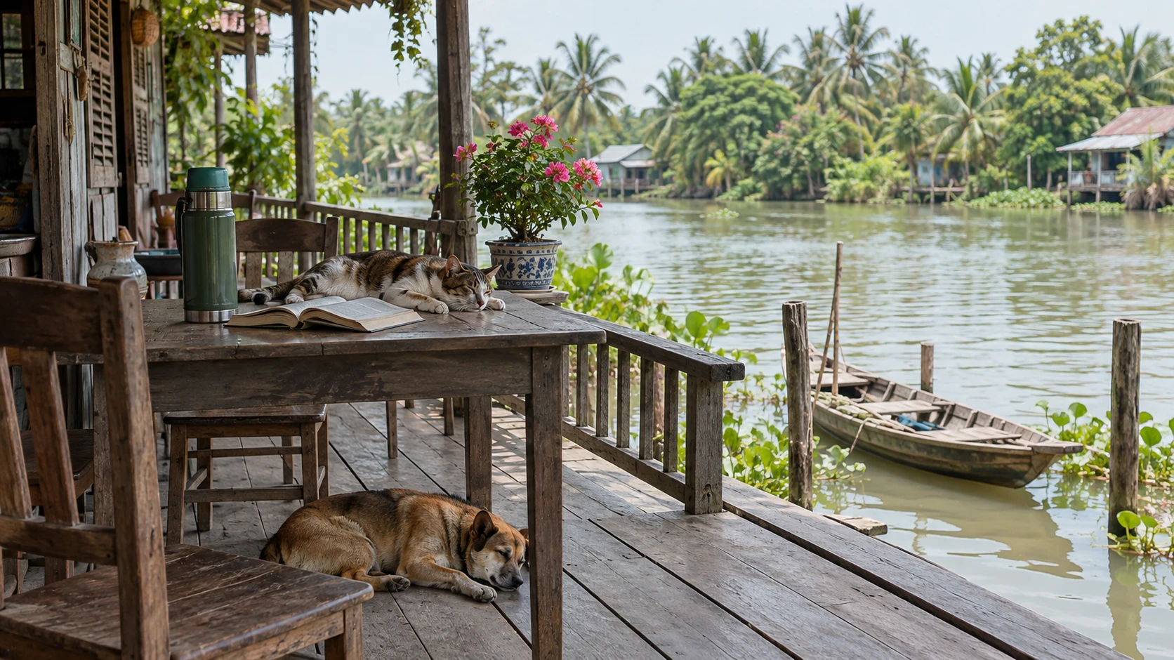 Hiên nhà gỗ miền Tây bên sông: cuốn sách mở và bình giữ nhiệt trên bàn, mèo nằm ngủ trên bàn, chó nằm dưới chân bàn, ghe gỗ neo bên cầu.